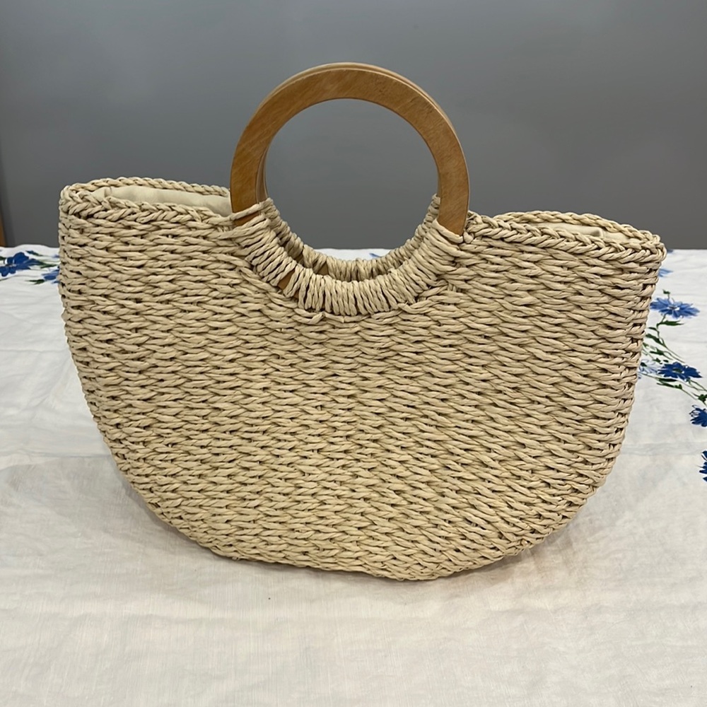Straw Wooden-Handled Purse